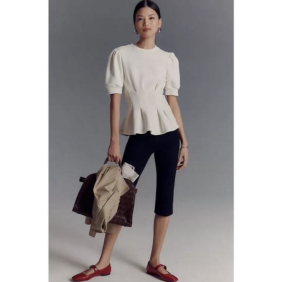 ANTHROPOLOGIE Maeve Puff-Sleeve Pleated-Waist Peplum Top Size Sweatshirt Size SP - Picture 1 of 8